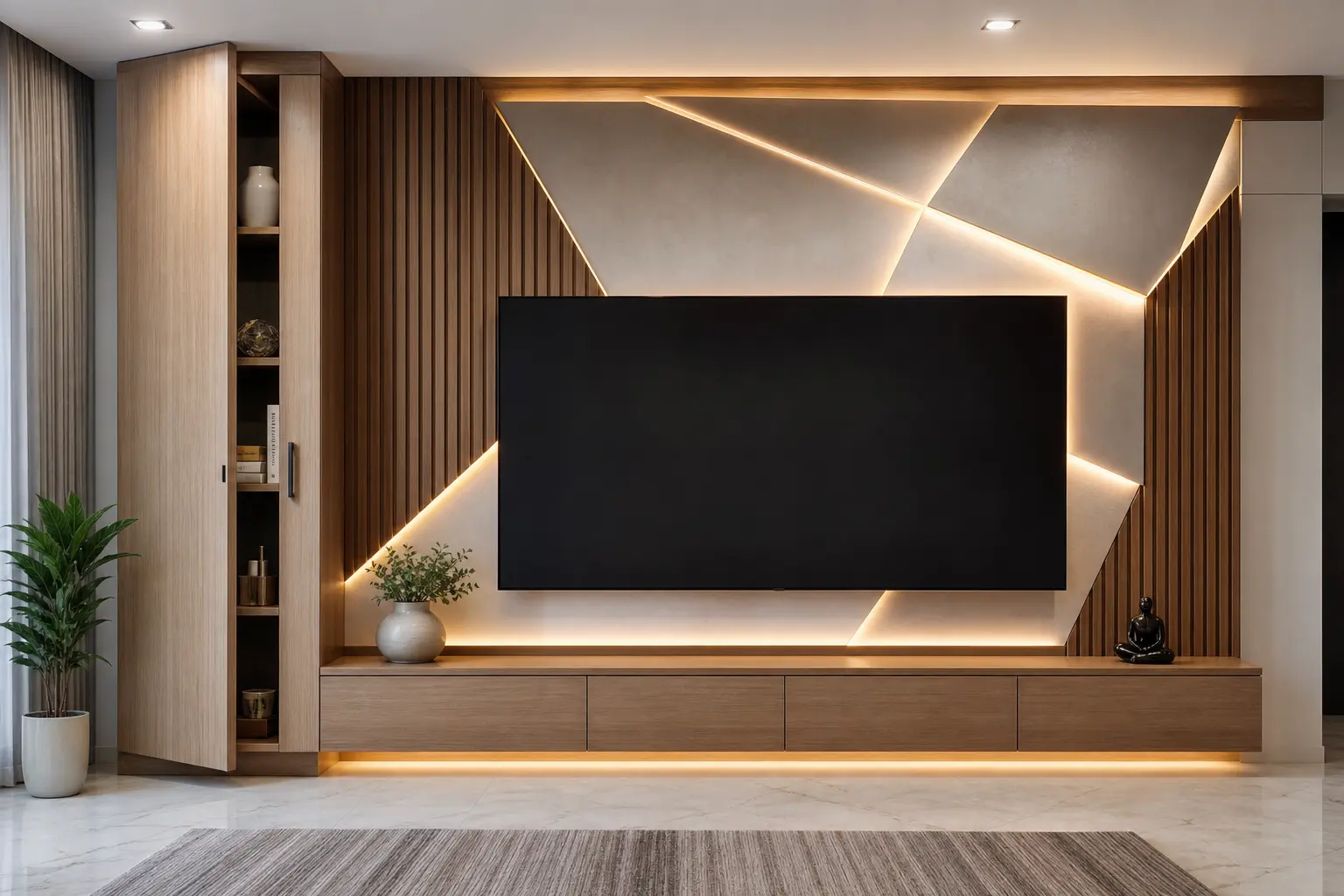 Modern TV Wall Design Ideas with Geometric Backlit