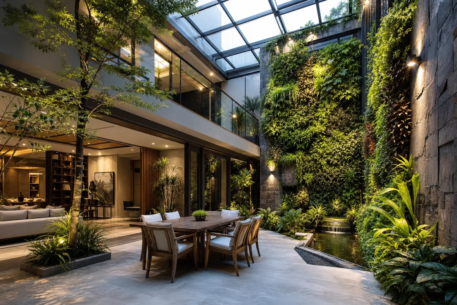 Modern Indoor Courtyard Design Ideas with Skylight Roof