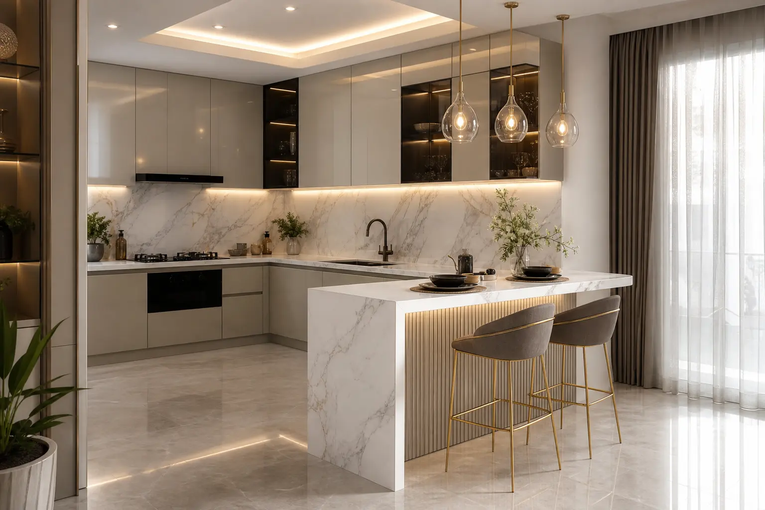 Modern L Shaped Marble Kitchen Ideas