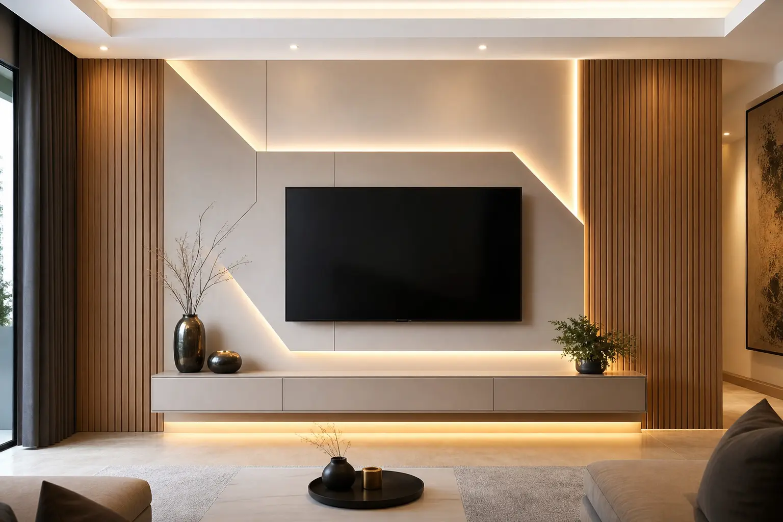 Modern TV Wall Design Ideas with Geometric Backlit