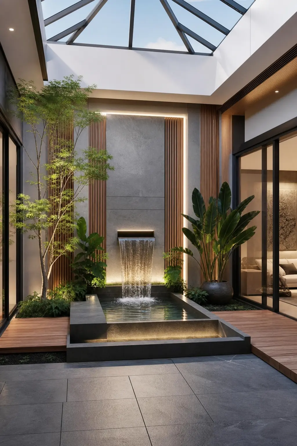 Modern Indoor Courtyard Design Ideas with Skylight Roof