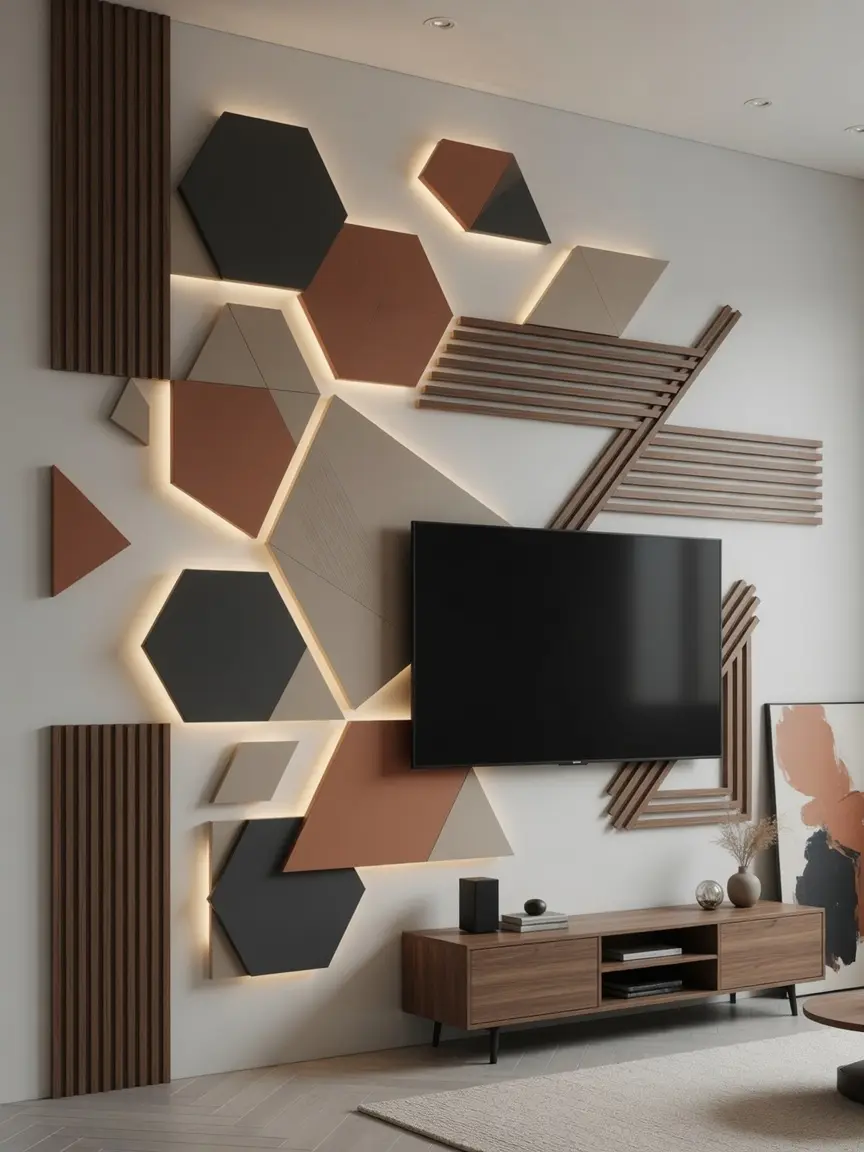 Modern TV Wall Design Ideas with Geometric Backlit Panels
