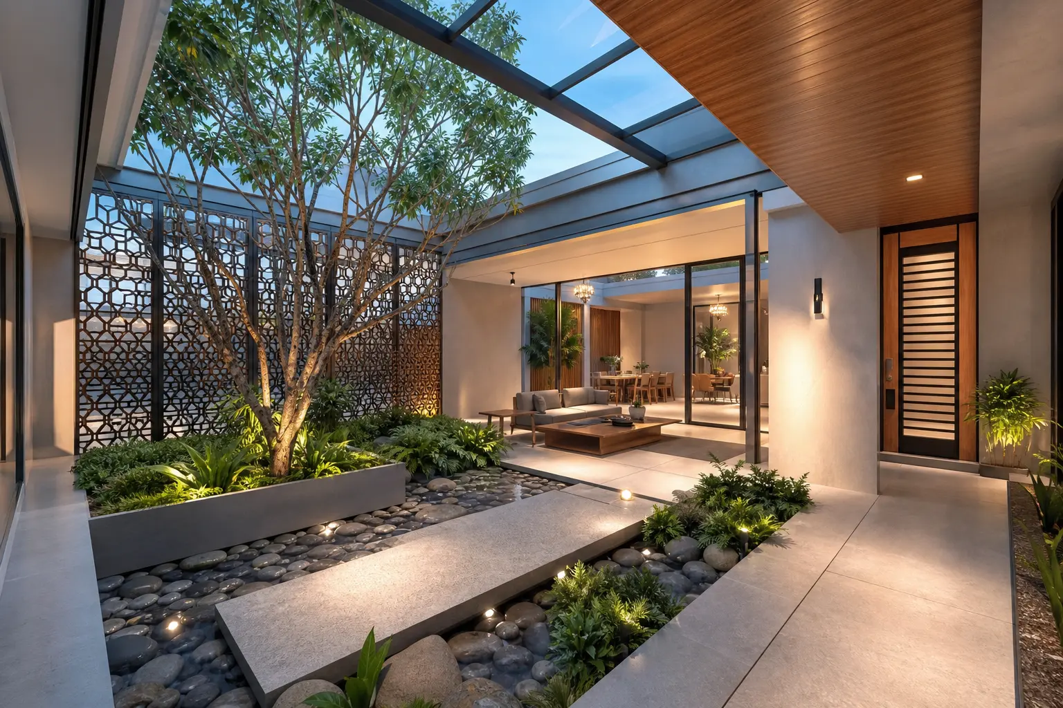 Modern Indoor Courtyard Design Ideas with Skylight Roof