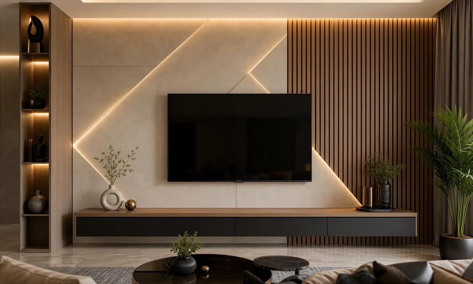 Modern TV Wall Design Ideas with Geometric Backlit