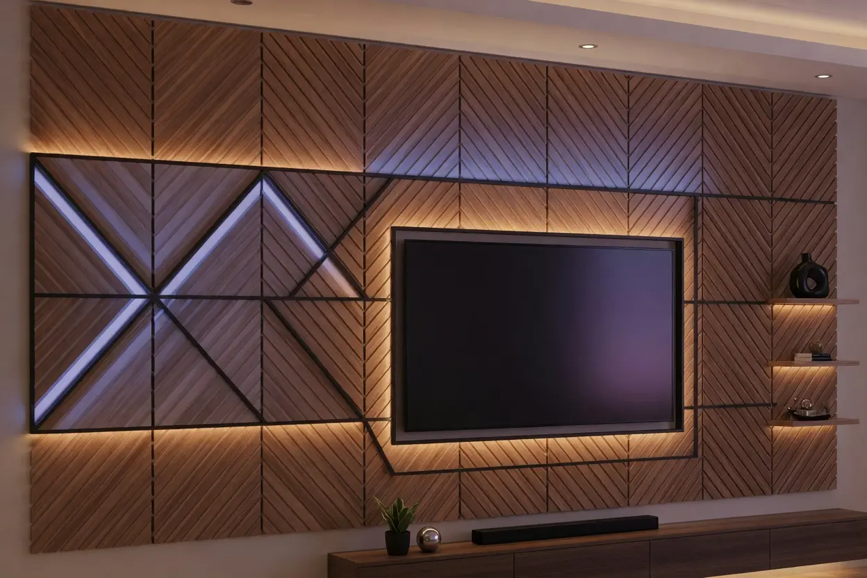 Modern TV Wall Design Ideas with Geometric Backlit Panels