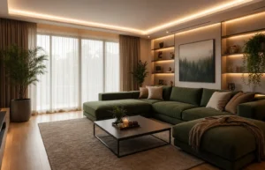 10 Modern Living Room Ideas with Green Sectional Sofas & Warm LED Lighting