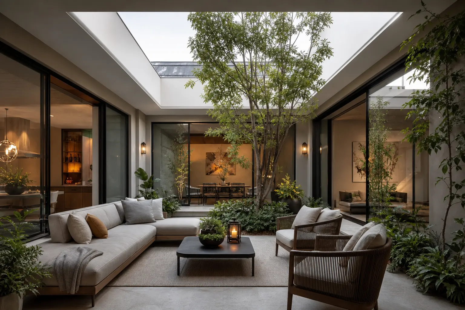 Modern Indoor Courtyard Design Ideas with Skylight Roof