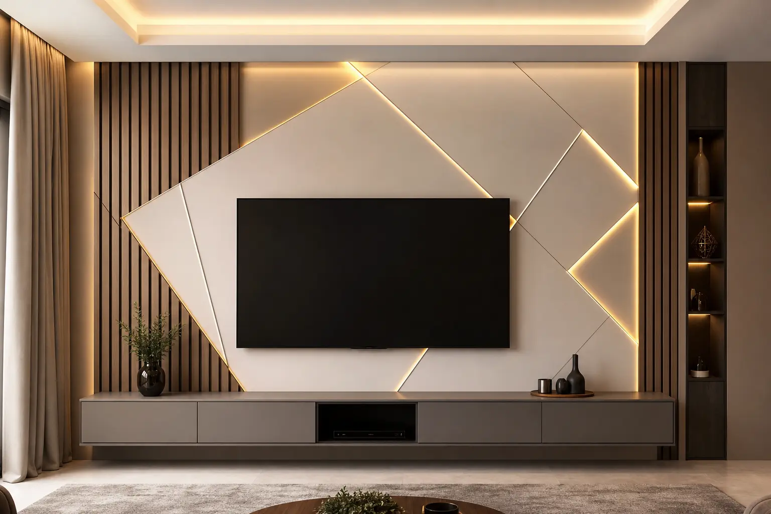 Modern TV Wall Design Ideas with Geometric Backlit