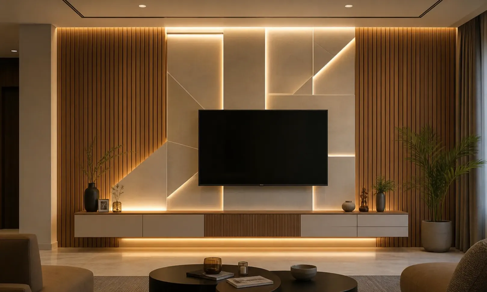 Modern TV Wall Design Ideas with Geometric Backlit