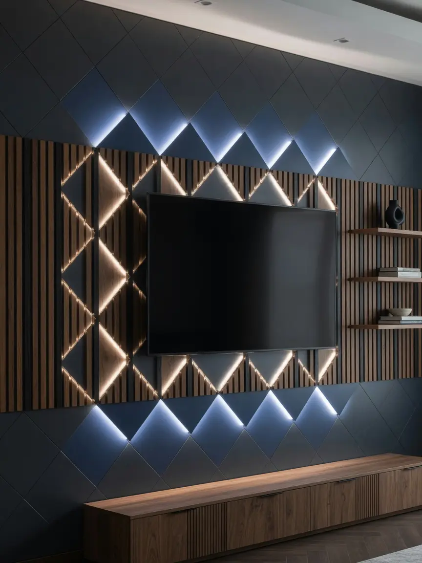 Modern TV Wall Design Ideas with Geometric Backlit Panels