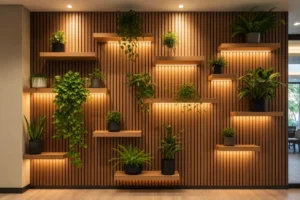 10 Modern Indoor Plant Wall Ideas with Wood Slat Panels & Floating Shelves