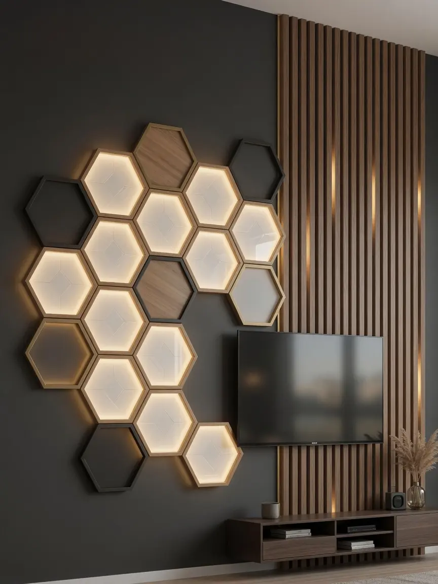 Modern TV Wall Design Ideas with Geometric Backlit Panels
