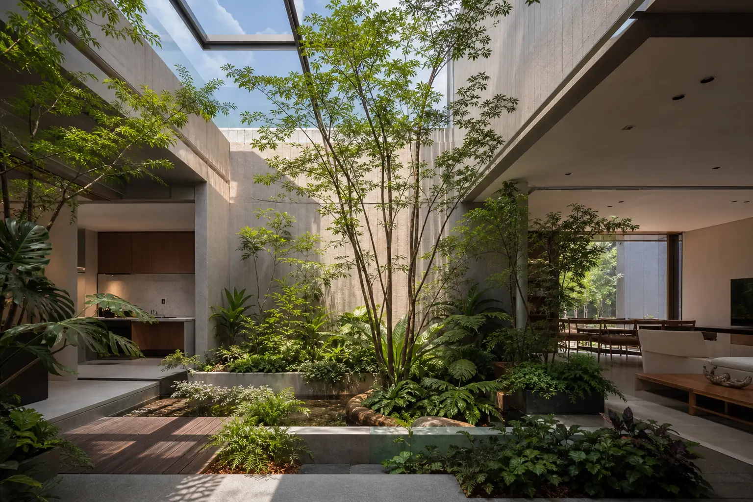 Modern Indoor Courtyard Design Ideas with Skylight Roof