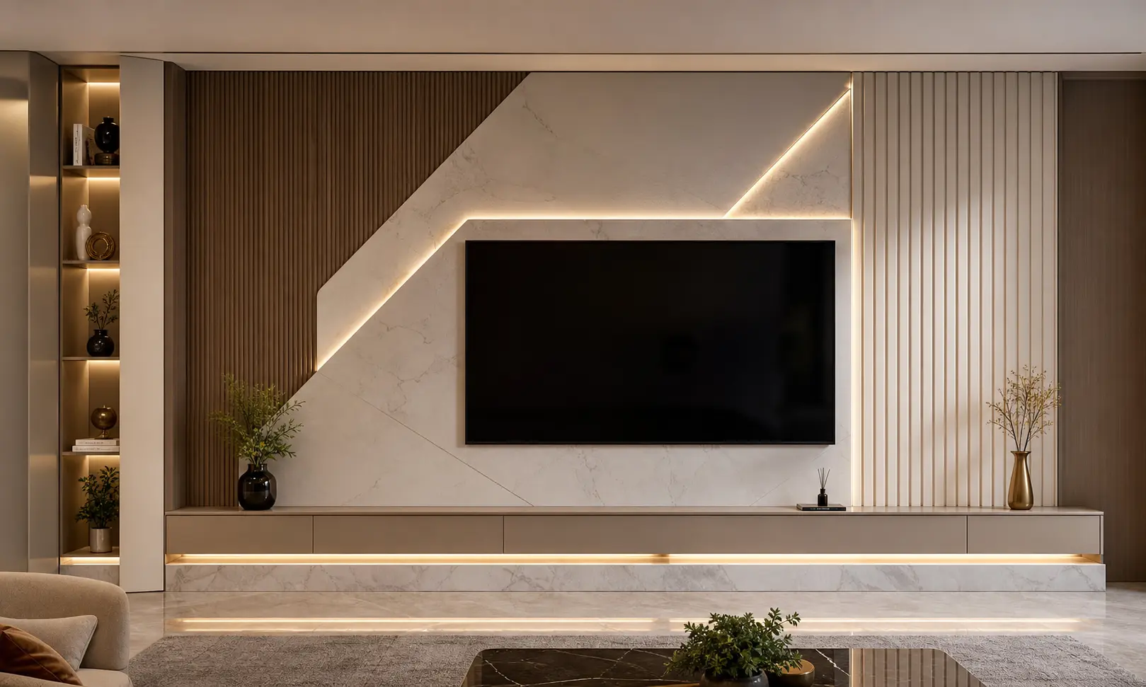 Modern TV Wall Design Ideas with Geometric Backlit