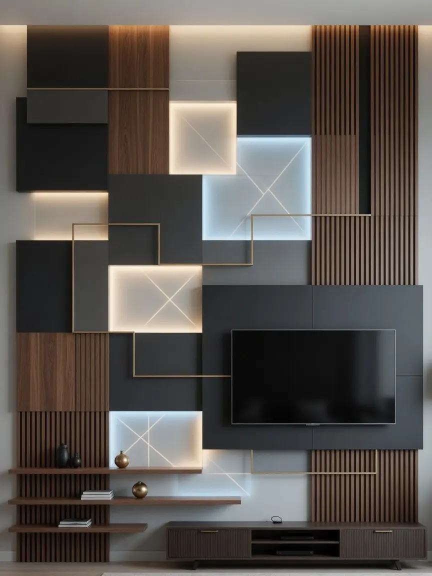 Modern TV Wall Design Ideas with Geometric Backlit Panels