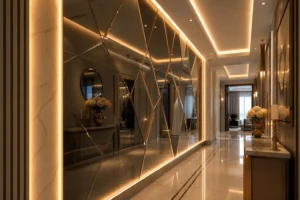 10 Luxurious Long Hallway Accent Wall Ideas with Warm LED Strip Lighting