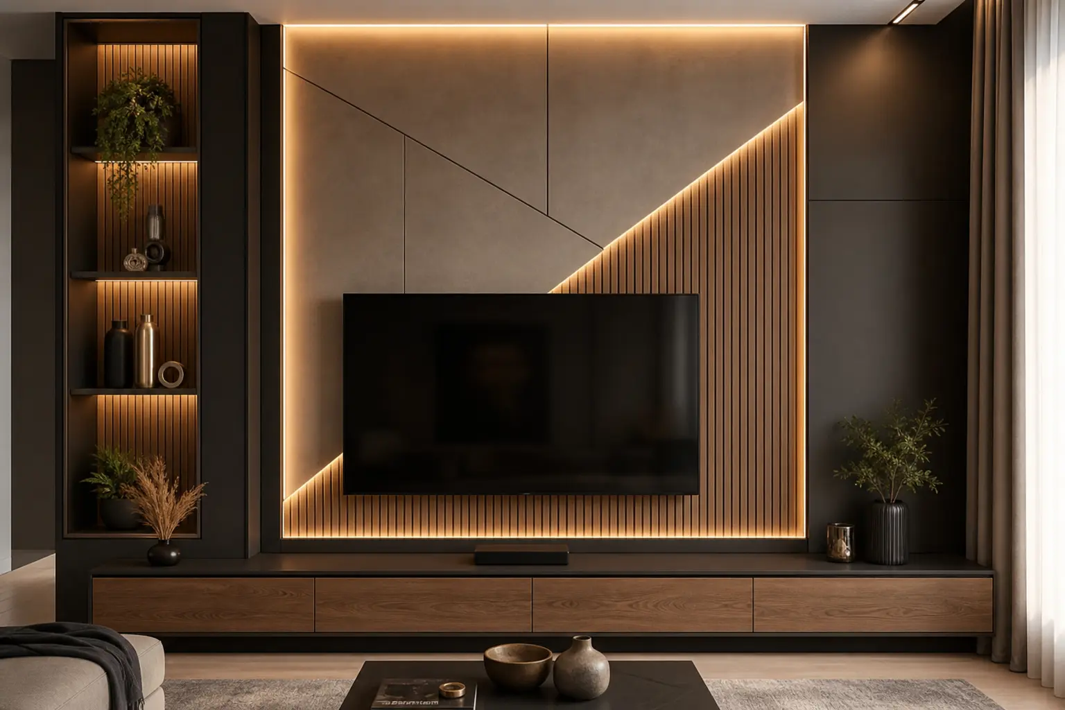 Modern TV Wall Design Ideas with Geometric Backlit