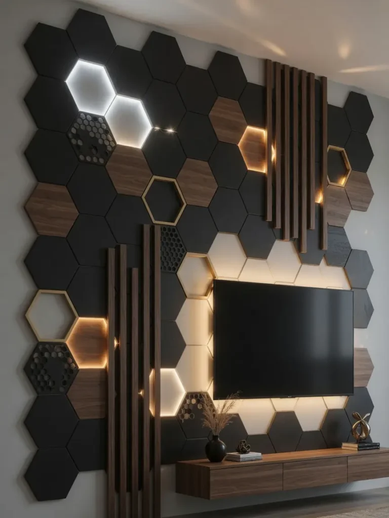 Modern TV Wall Design Ideas with Geometric Backlit Panels