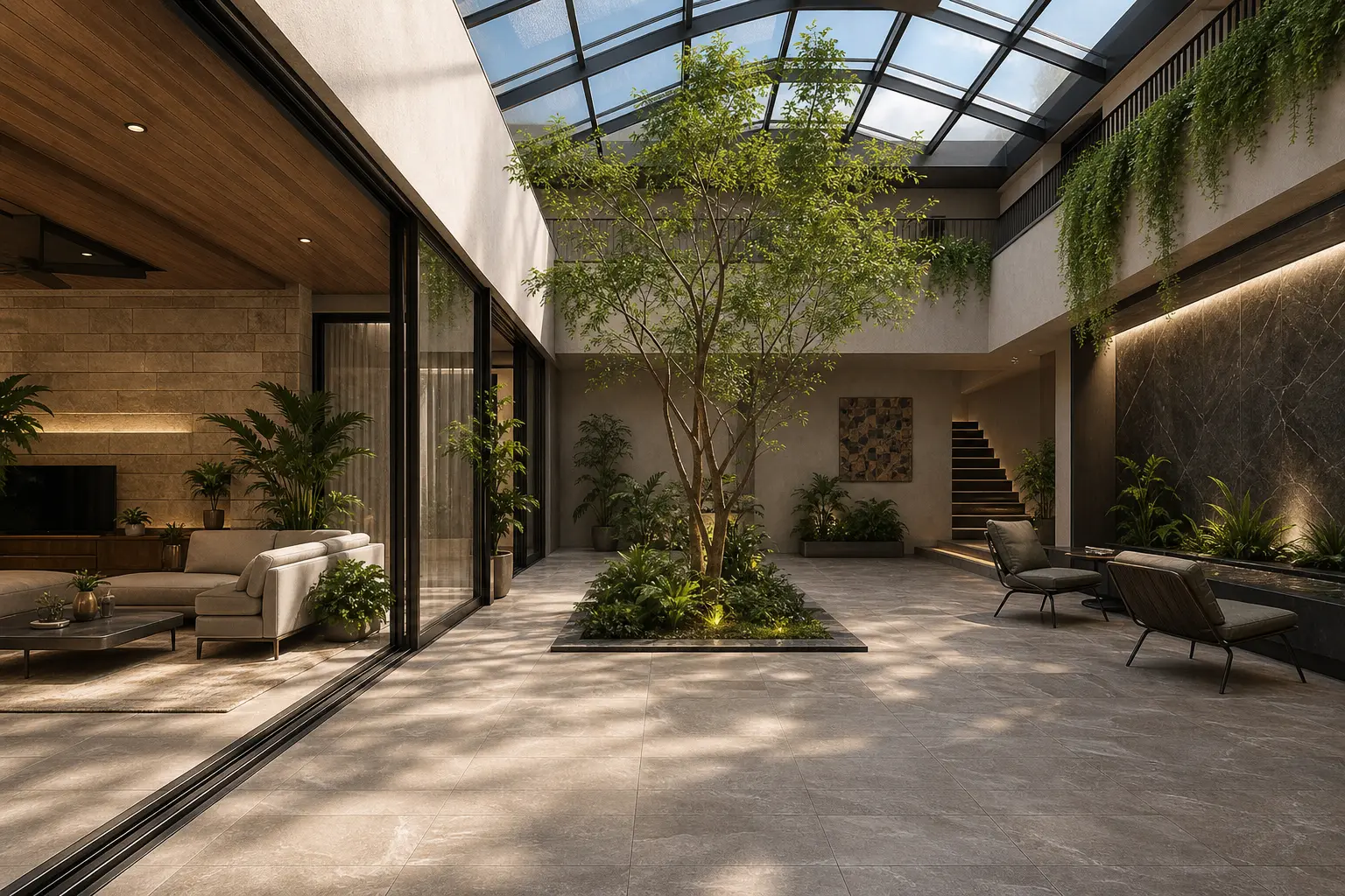 Modern Indoor Courtyard Design Ideas with Skylight Roof