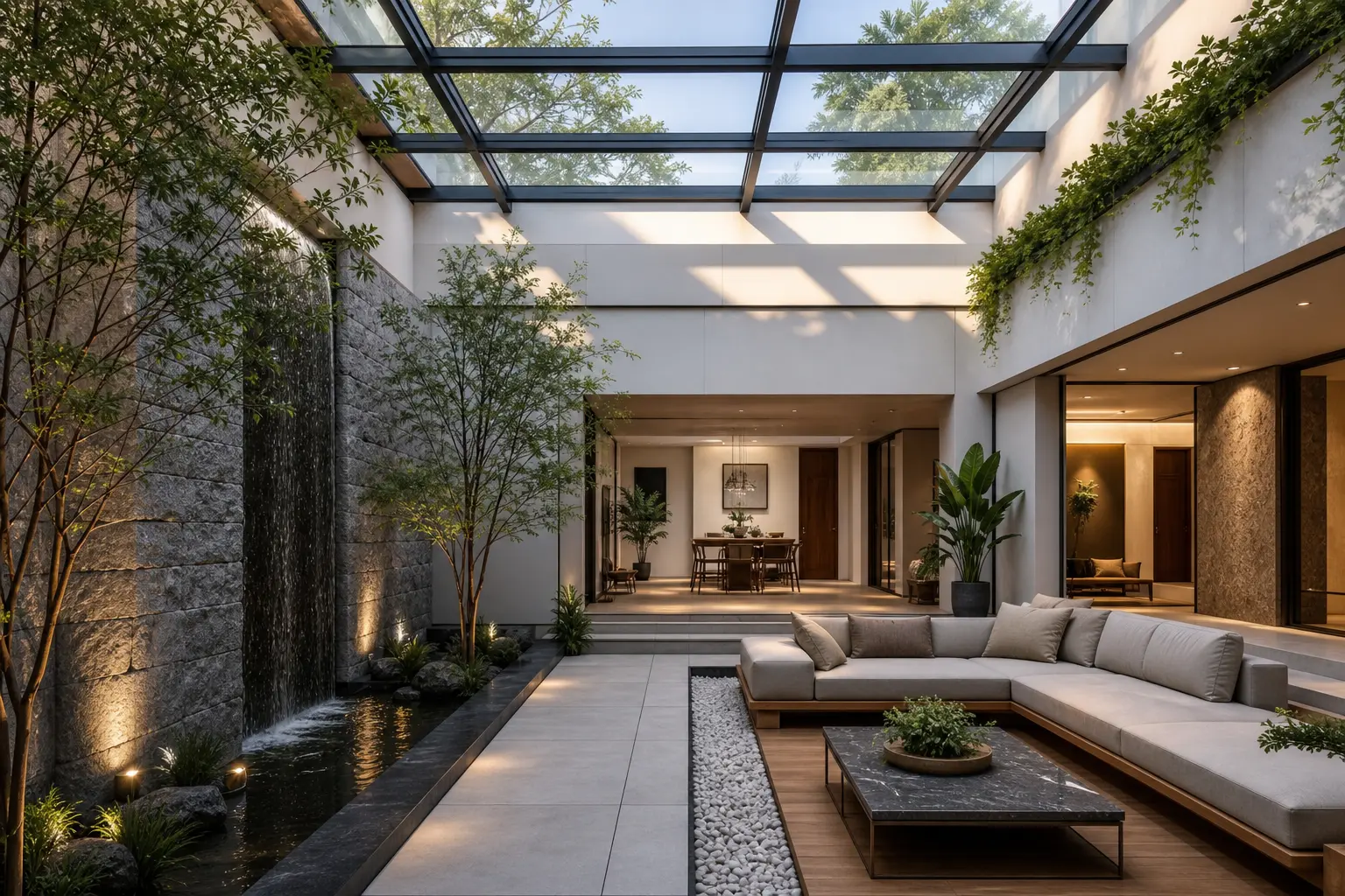 Modern Indoor Courtyard Design Ideas with Skylight Roof