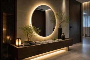 10 Luxury Entryway Console Ideas with Indoor Pebble Gardens & Backlit Mirrors