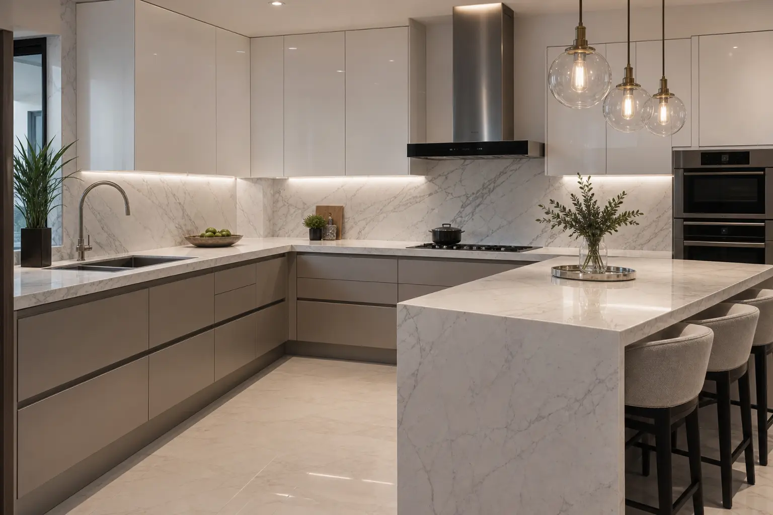 Modern L Shaped Marble Kitchen Ideas