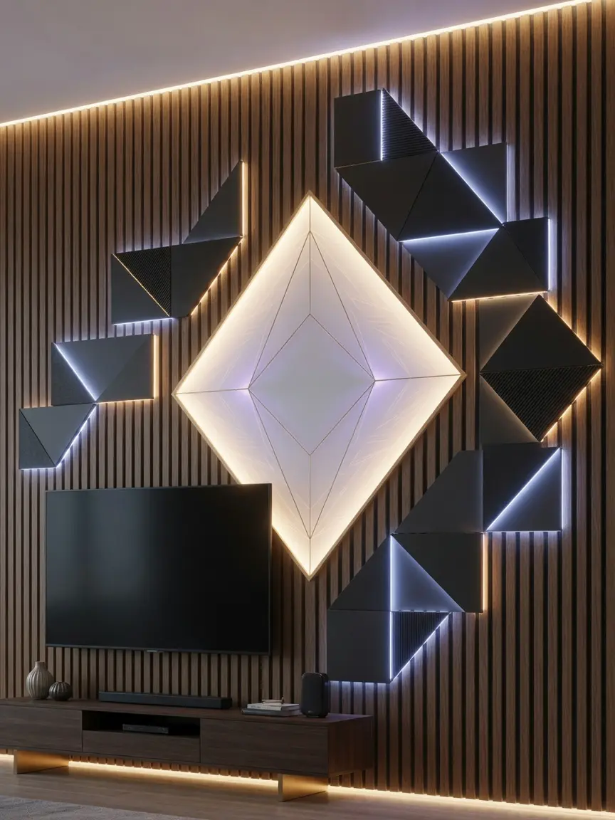 Modern TV Wall Design Ideas with Geometric Backlit Panels
