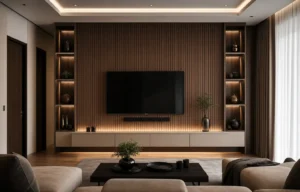 10 Modern Luxury Living Room Ideas with Floating TV Units & Wood Slat Feature Walls