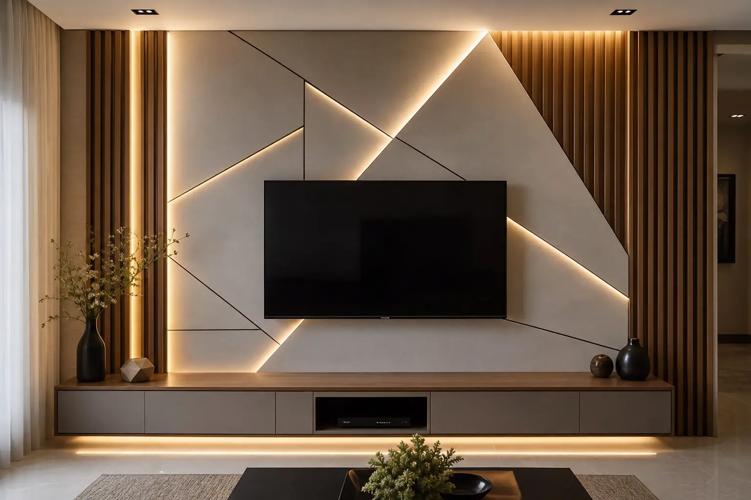 Modern TV Wall Design Ideas with Geometric Backlit