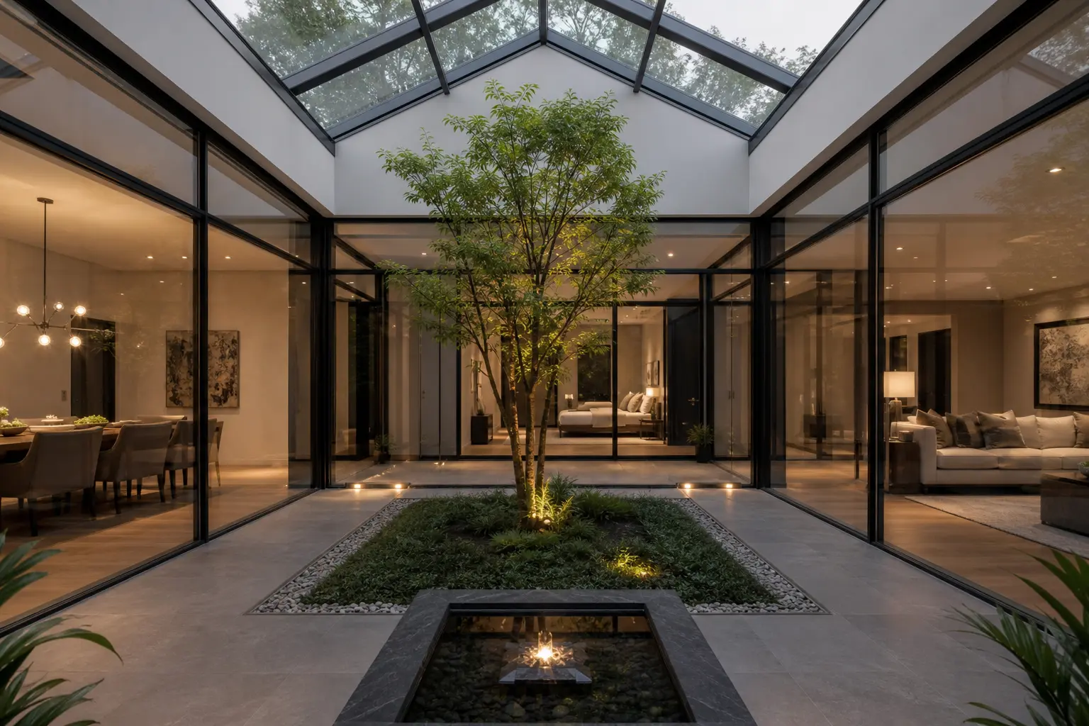 Modern Indoor Courtyard Design Ideas with Skylight Roof