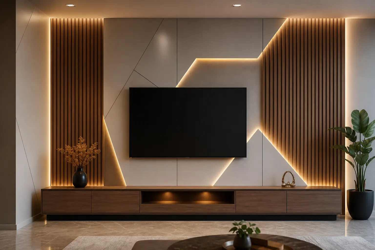 Modern TV Wall Design Ideas with Geometric Backlit