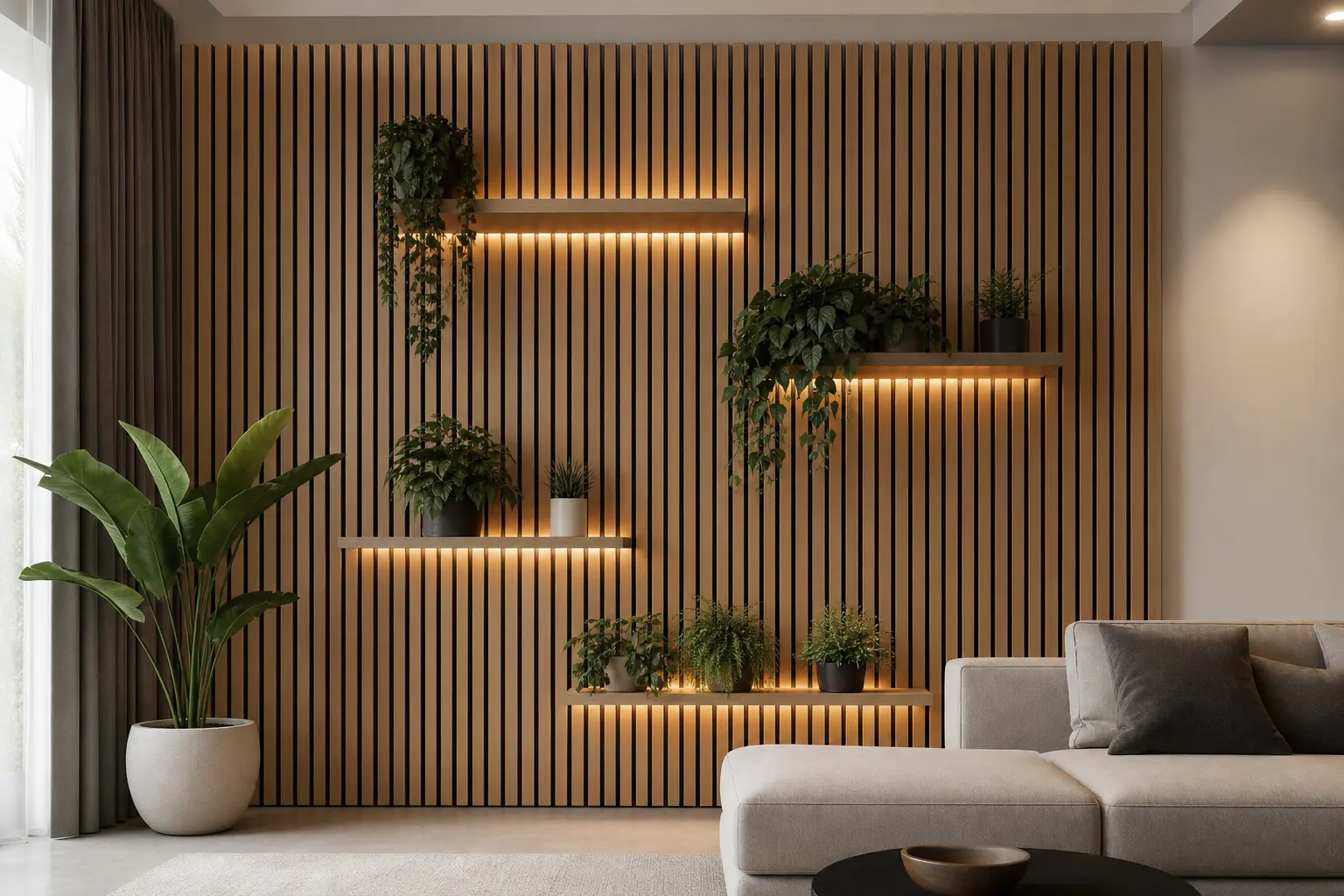 Modern Wooden Slat Wall Ideas with Floating Plant