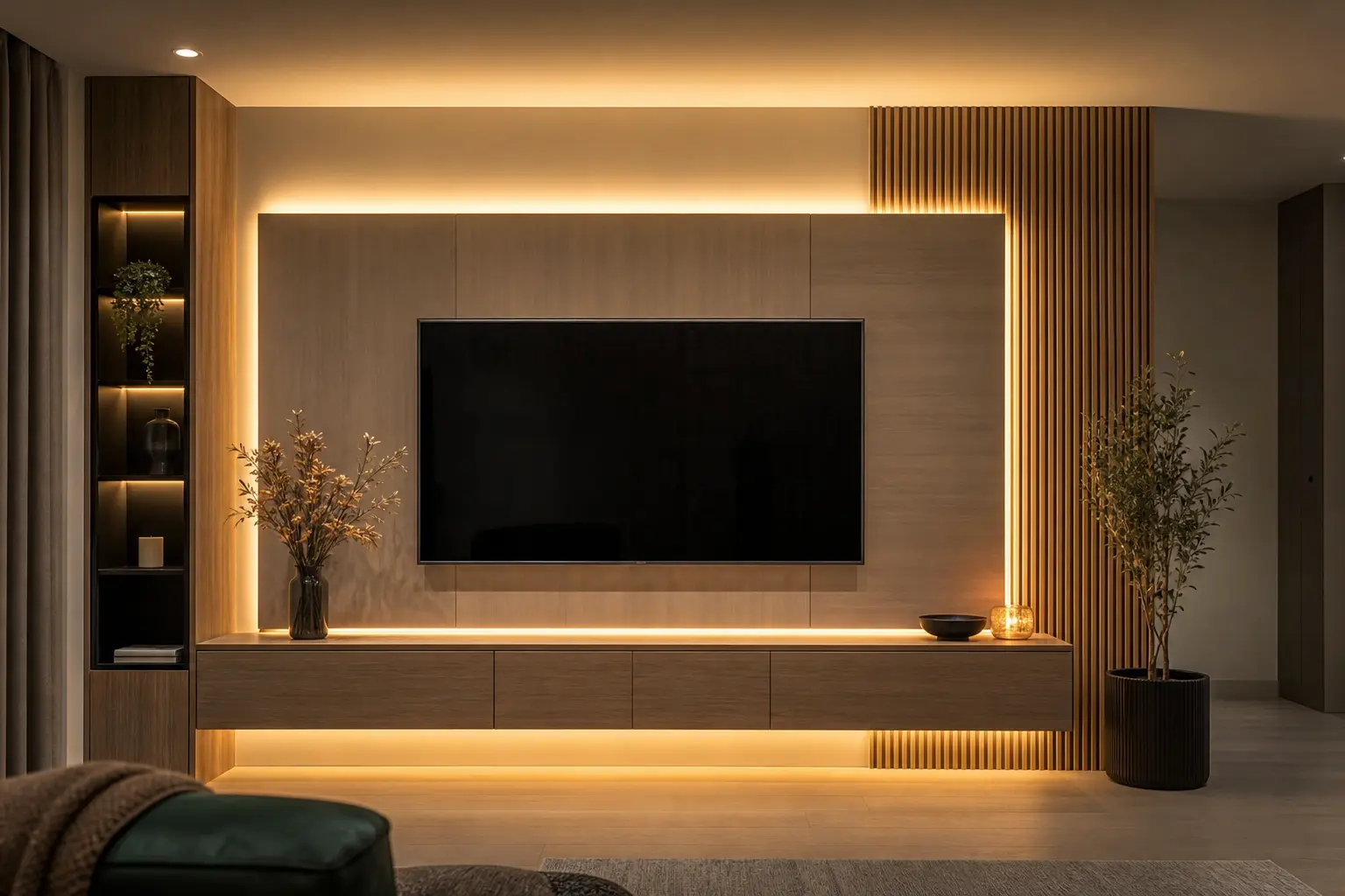 Luxury TV Wall Design Ideas with Wood Slat Panels