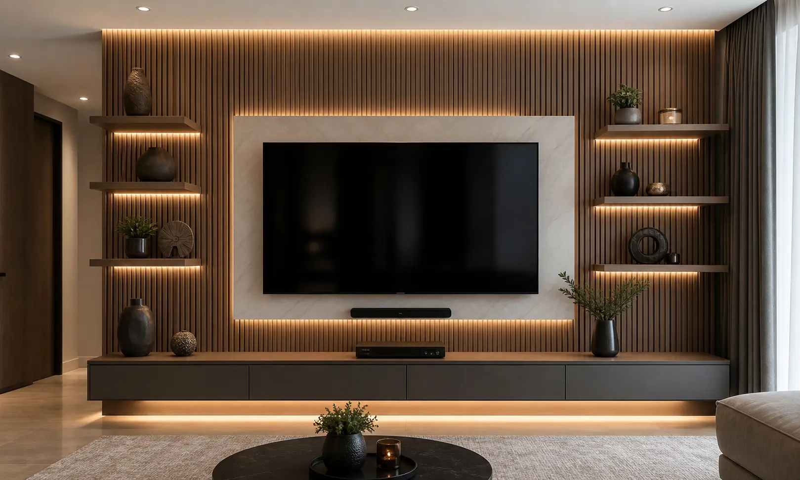 Luxury TV Wall Design Ideas with Wood Slat Panels