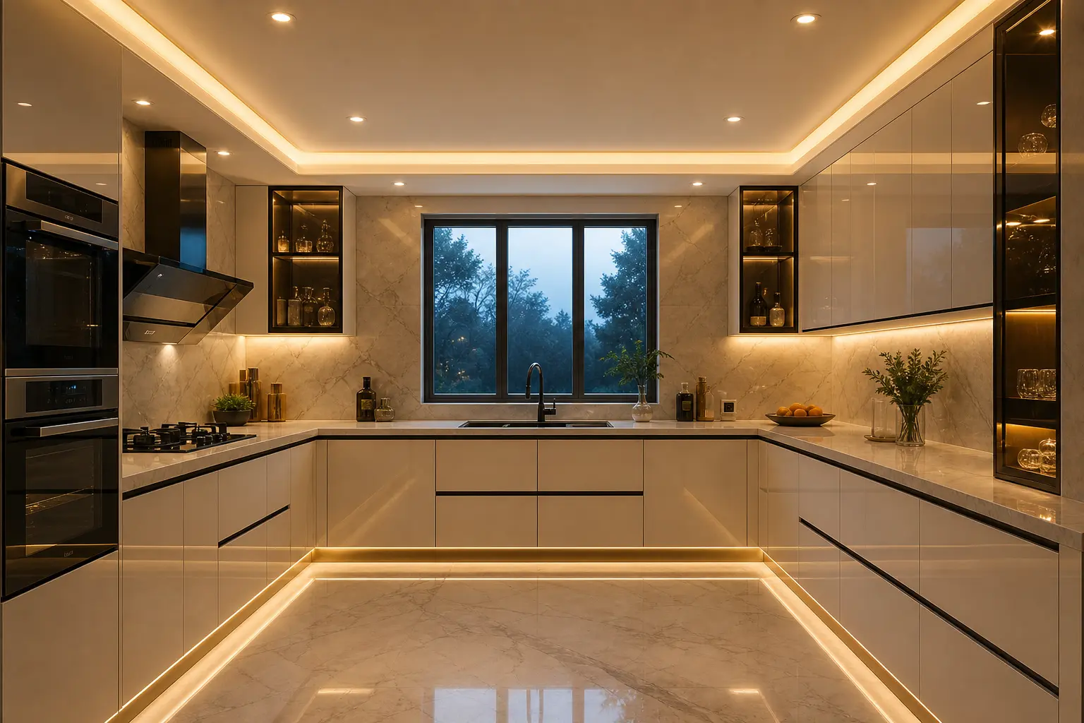 Luxury U-Shaped Kitchen Design Ideas with LED Lighting