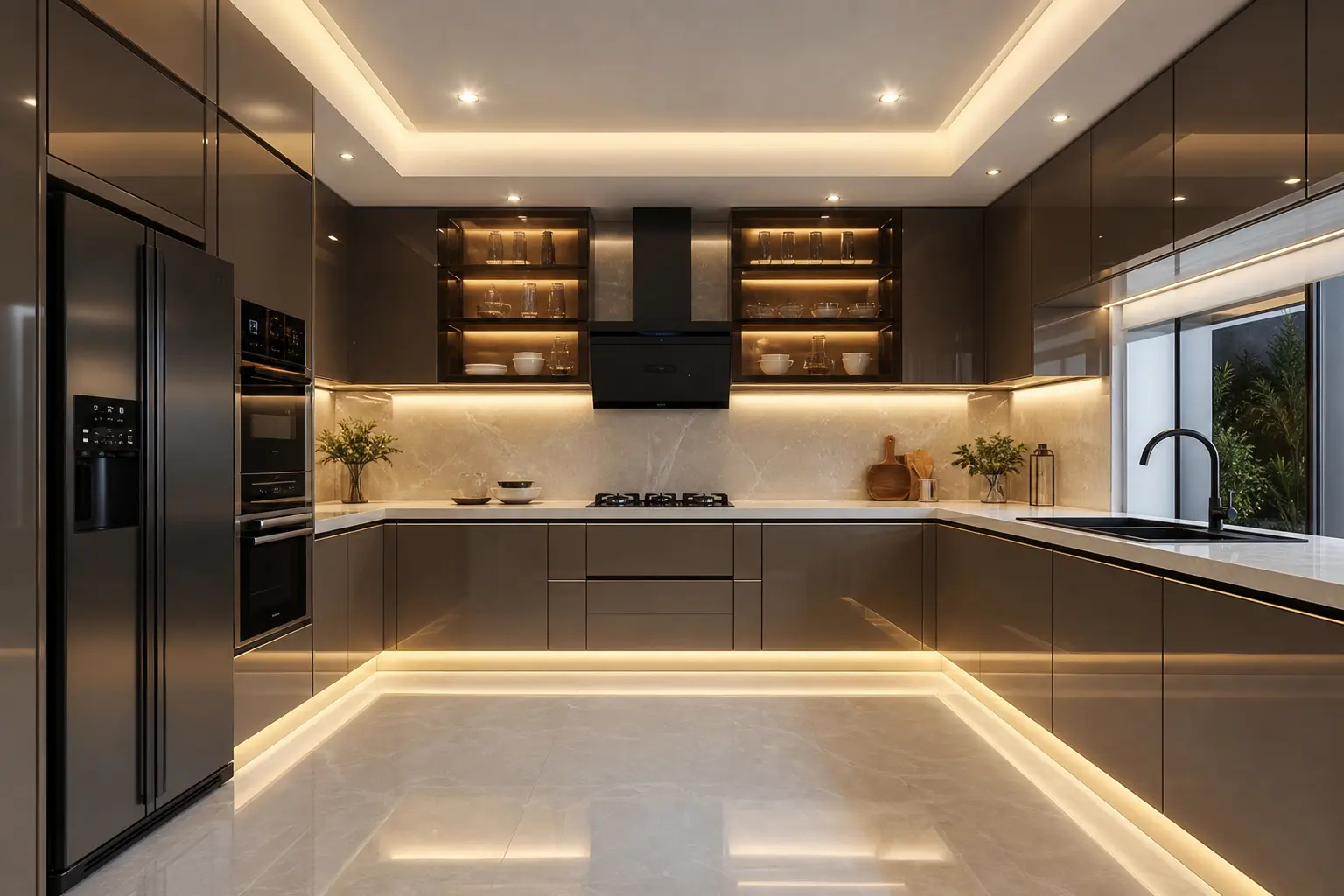 Luxury U-Shaped Kitchen Design Ideas with LED Lighting