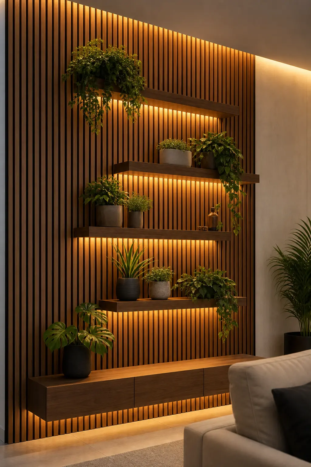 Modern Wooden Slat Wall Ideas with Floating Plant