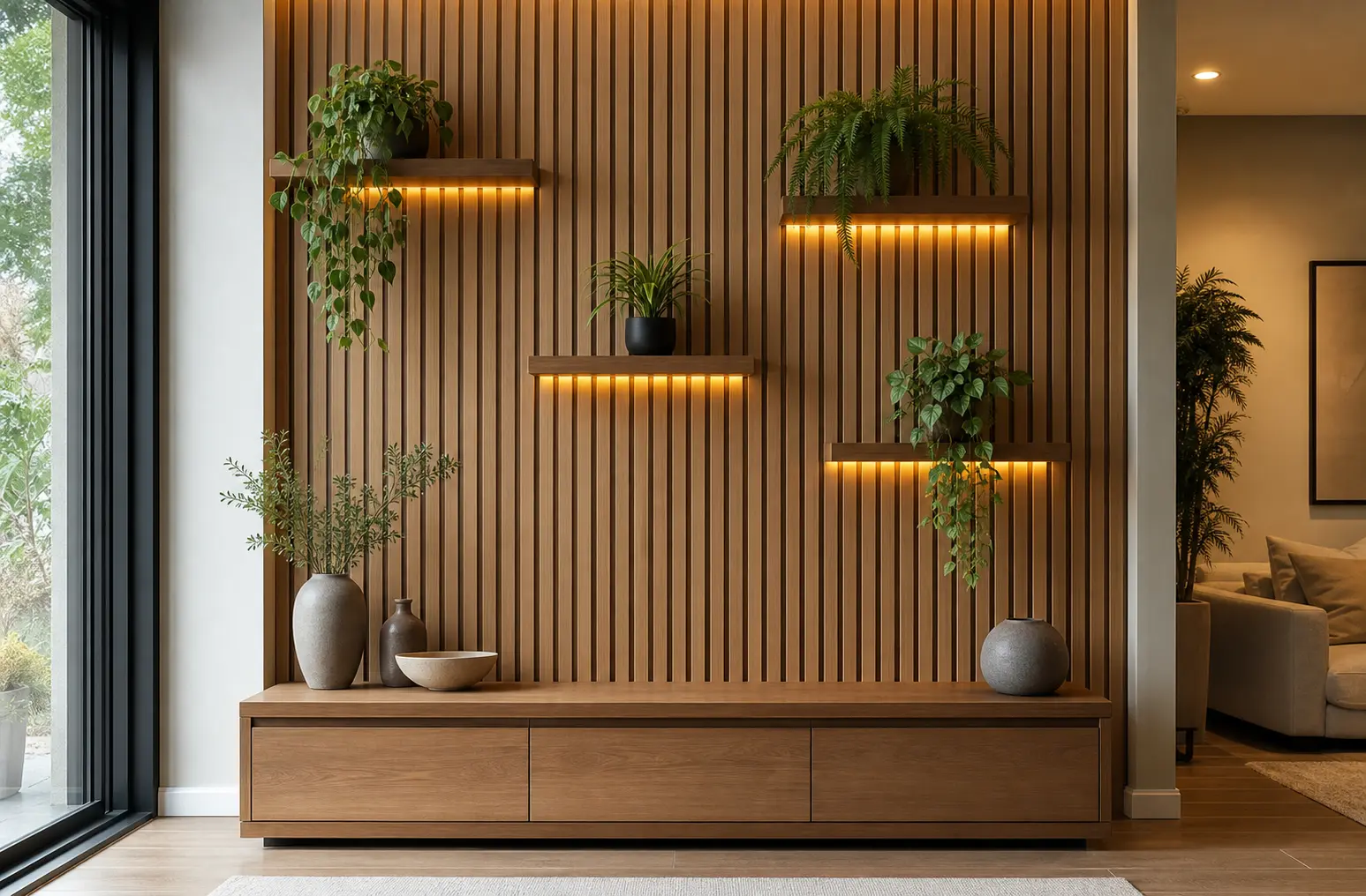 Modern Wooden Slat Wall Ideas with Floating Plant
