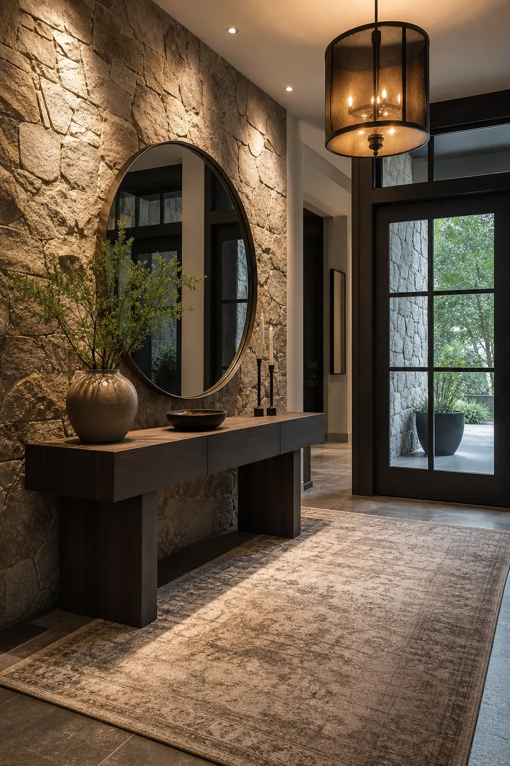 Modern Luxury Entryway Design Ideas with Stone Walls