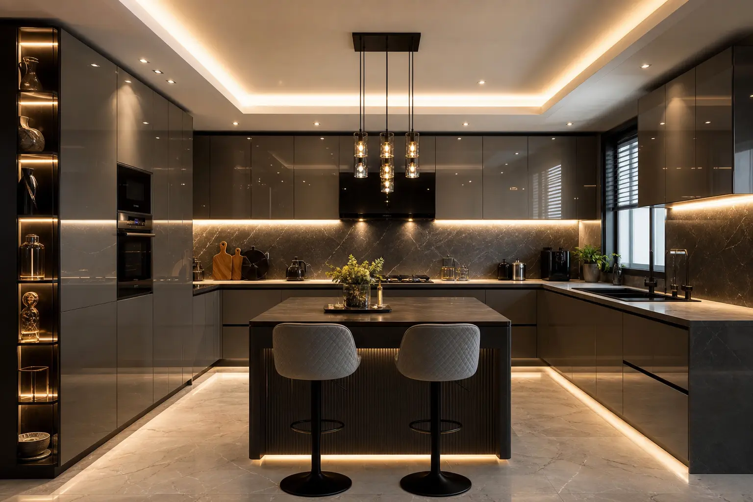 Luxury U-Shaped Kitchen Design Ideas with LED Lighting