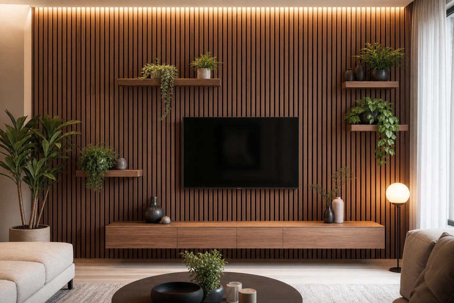 Modern Wooden Slat Wall Ideas with Floating Plant