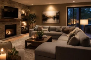 10 Cozy Modern Living Room Decor Ideas with Gray Sectional Sofas & Warm Lighting