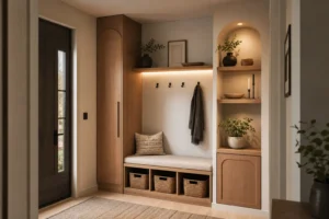 10 Modern Wooden Entryway Design Ideas with Arches & Shelves | Stylish Small Entryway Storage