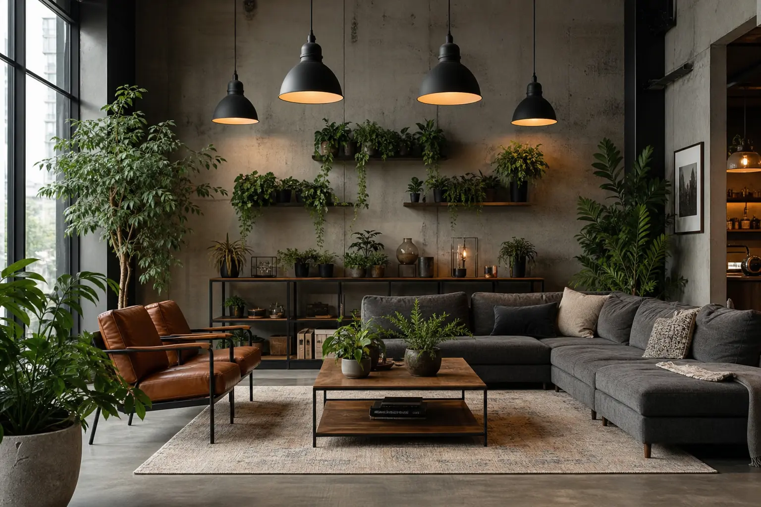 Modern Industrial Living Room Ideas with Indoor Plants
