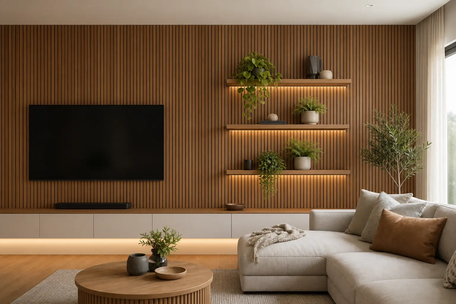 Modern Wooden Slat Wall Ideas with Floating Plant