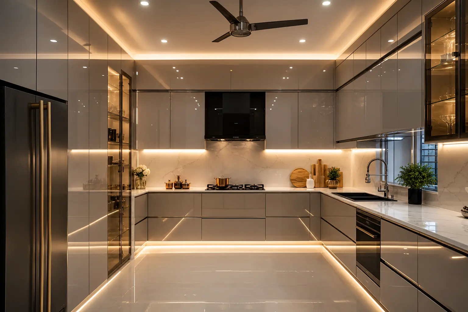 Luxury U-Shaped Kitchen Design Ideas with LED Lighting