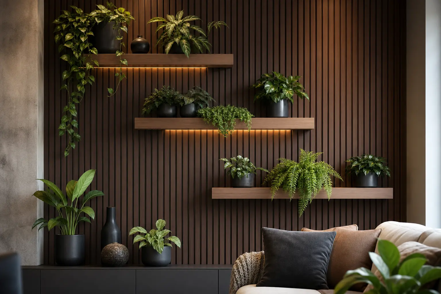 Modern Wooden Slat Wall Ideas with Floating Plant