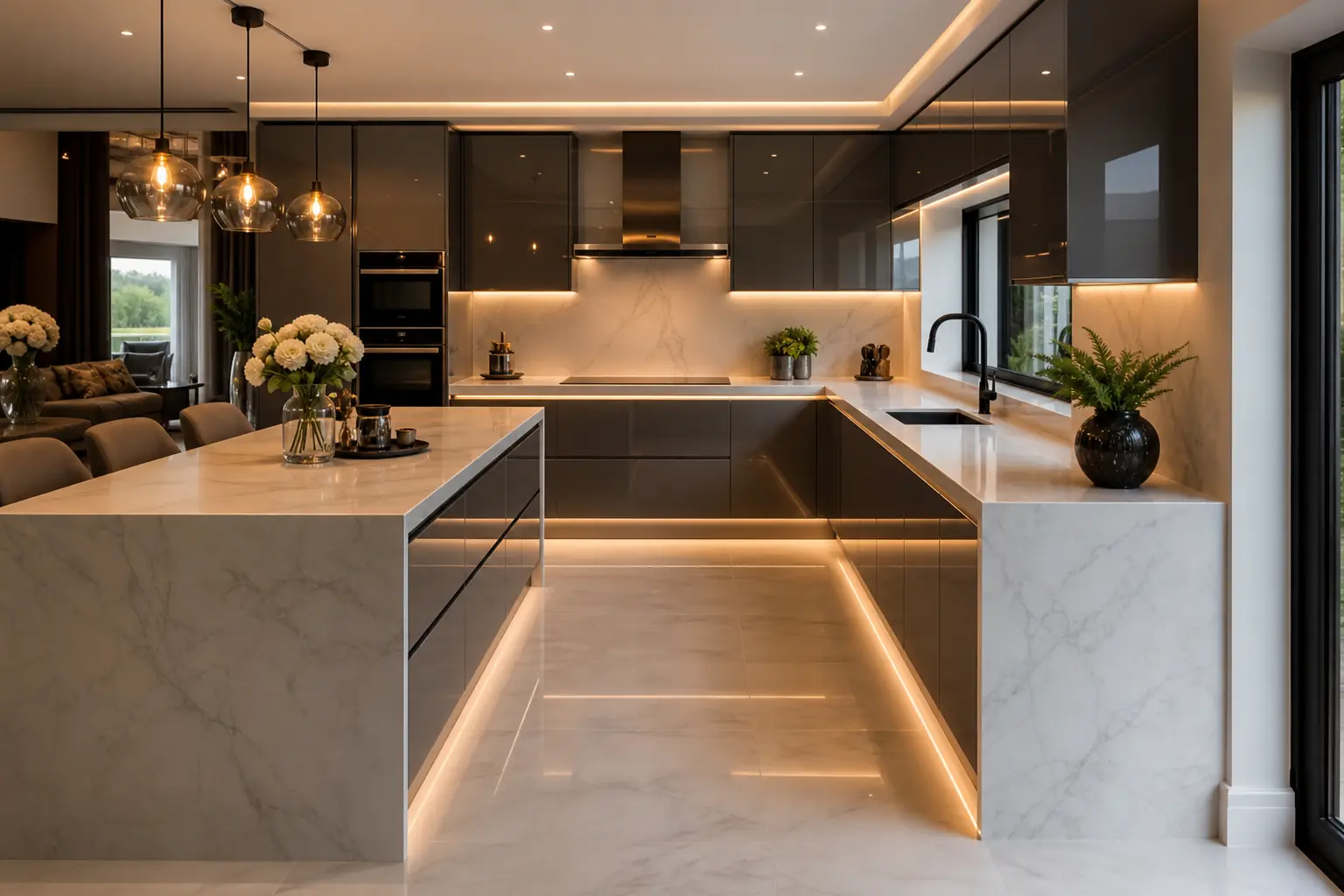 Luxury U-Shaped Kitchen Design Ideas with LED Lighting