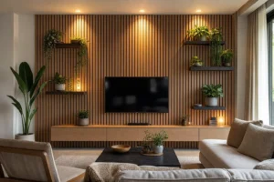 10 Modern Wooden Slat Wall Ideas with Floating Plant Shelves for Living Rooms