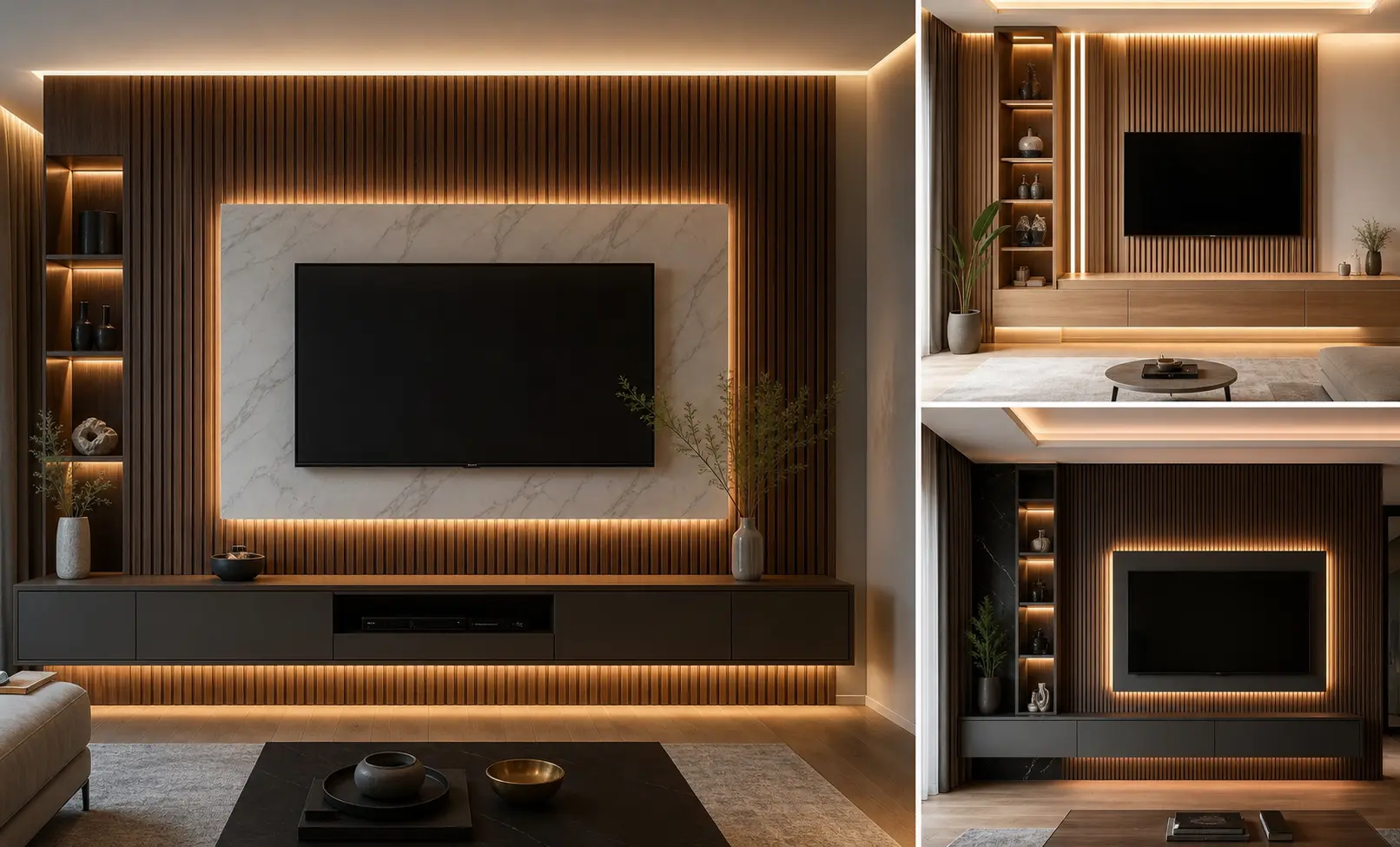 Luxury TV Wall Design Ideas with Wood Slat Panels